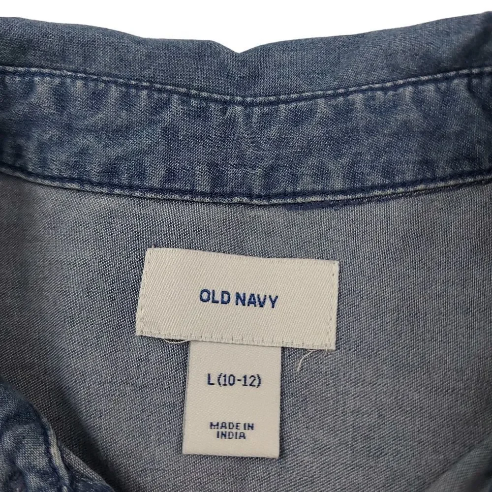 Old Navy Girls Shirt Dress Large 10-12 Blue 1/2 Button Collared Roll Tab Sleeve